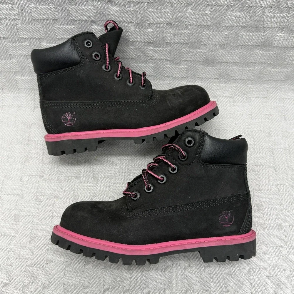 Timberland Combat Boots Girls Size 12 Black Pink Waterproof Nubuck‎ Hearts A15M9